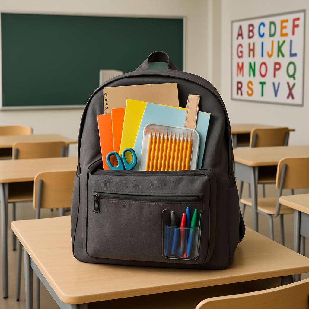 A black backpack sits on a tan desk in an empty classroom, fully packed with notebooks, colouring supplies, pens and other...