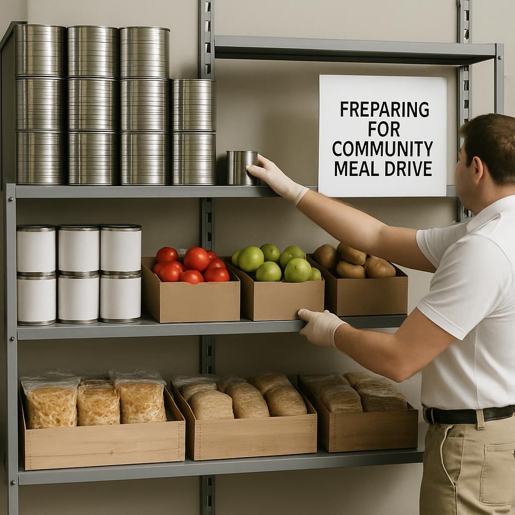 A volunteer stands in front of a well-stocked shelf, preparing for a community meal drive.