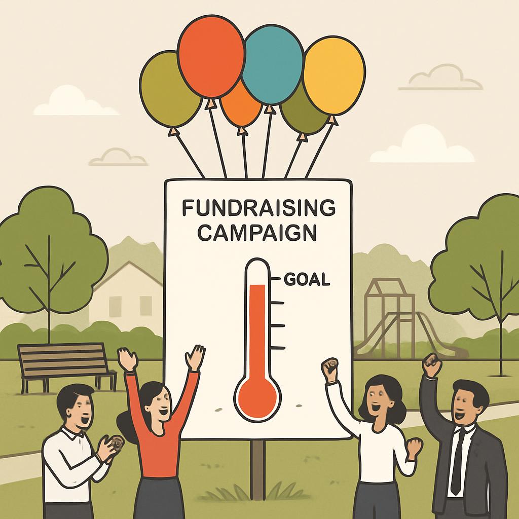 A group of people stand cheers beside a subway-style thermometer reading 'FUNDRAISING CAMPAIGN' placed in a park setting. ...