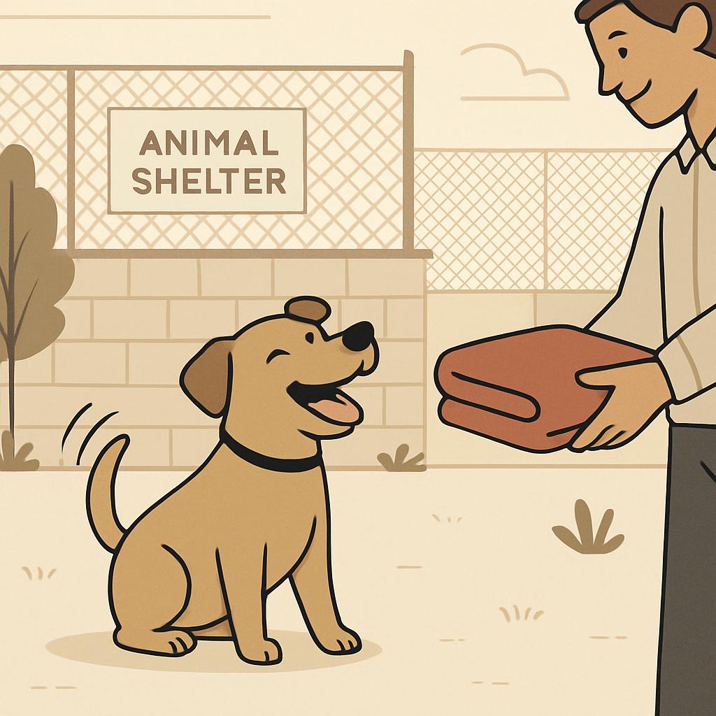 A dog sitting outside of an animal shelter is receiving a donation of an orange blanket from a man.